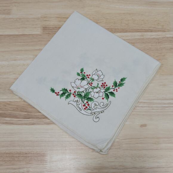 2 - Fabric Table Napkins Christmas Holly Berries Leaves White Poinsettia Flowers - Picture 5 of 15